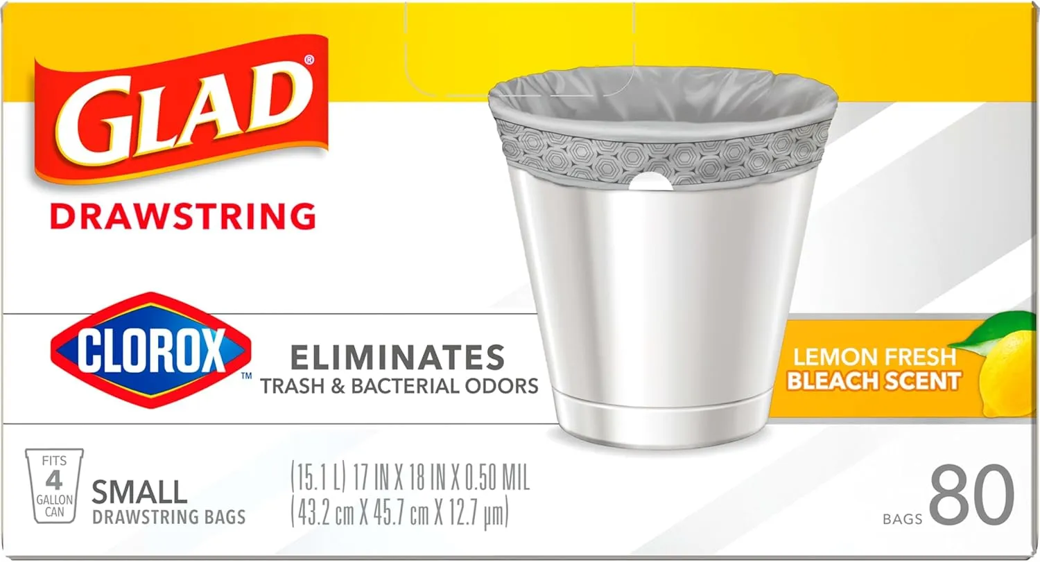 Glad Small Drawstring Trash Bags with Clorox, 4 Gal, Lemon Fresh Bleach, 80 Ct (Package May Vary)