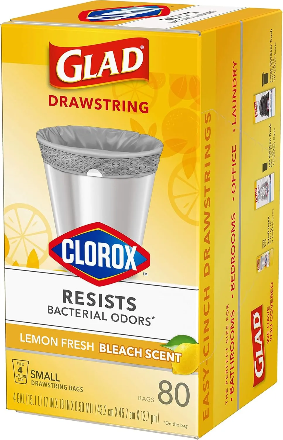 Glad Small Drawstring Trash Bags with Clorox, 4 Gal, Lemon Fresh Bleach, 80 Ct (Package May Vary)