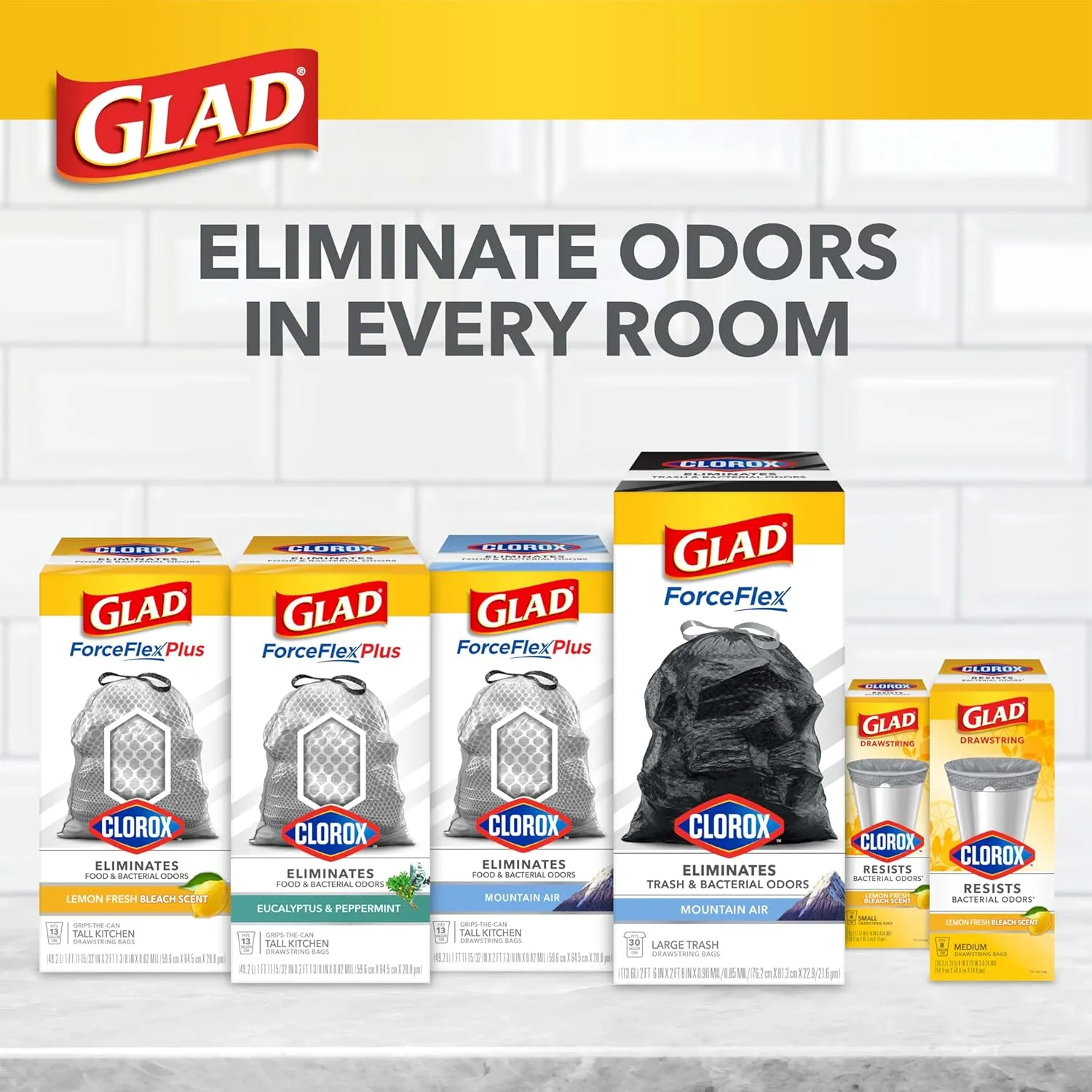 Glad Small Drawstring Trash Bags with Clorox, 4 Gal, Lemon Fresh Bleach, 80 Ct (Package May Vary)