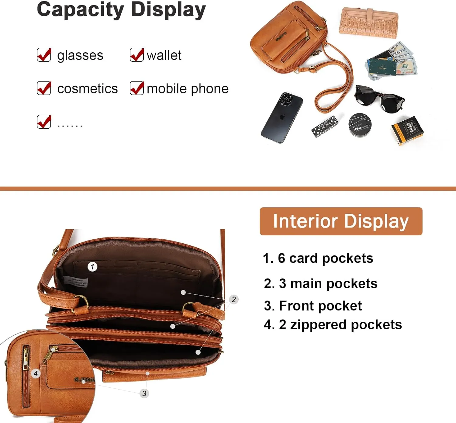 Gladdon Small Crossbody Bags for Women Multi Pocket Shoulder Purses Leather Lady Satchel Handbags Trendy