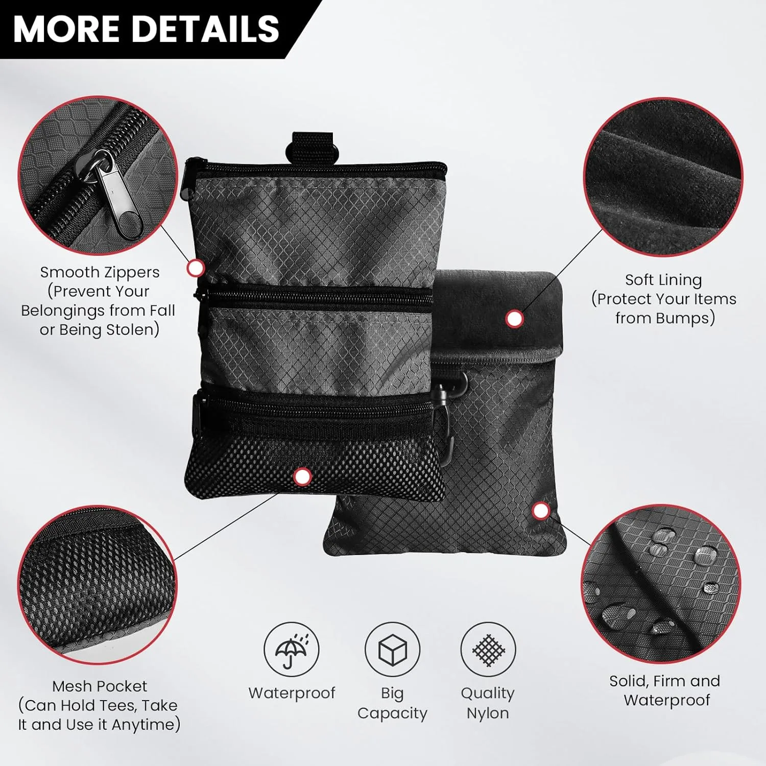 Golf Bag Accessories Valuables Pouch Bags Multi Pocket Zipper Hook with 10 Pcs Wood Golf Tees for Men Women