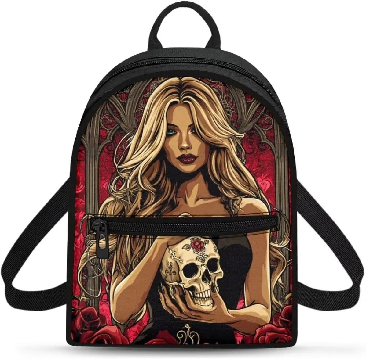 Goth Backpack Purse for Women Teen Girls Small Canvas Backpack for Travel College Work Bags Lightweight Casual Daypack Anti Theft Mini Purses with Zippers Skull Rucksack