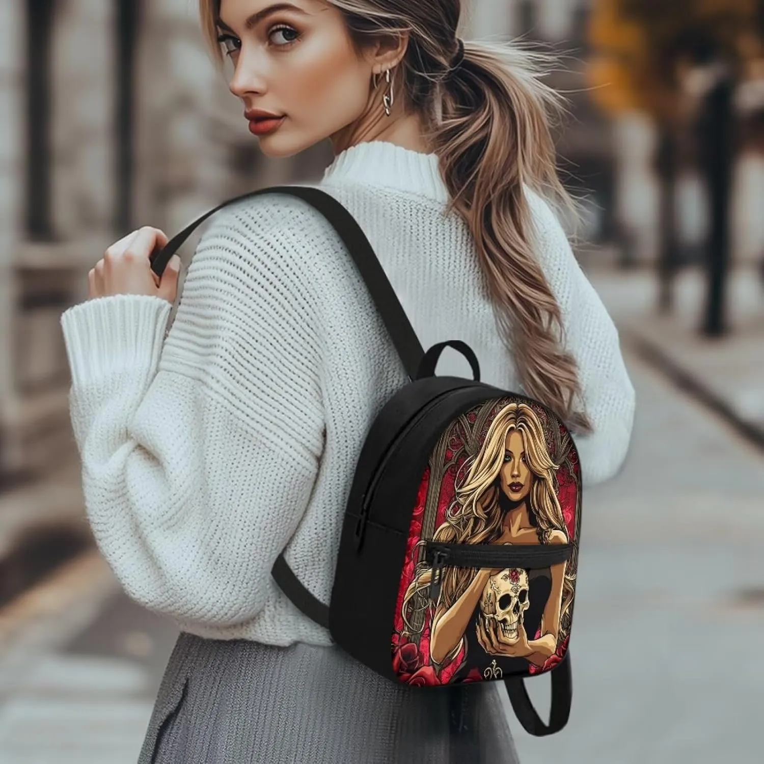 Goth Backpack Purse for Women Teen Girls Small Canvas Backpack for Travel College Work Bags Lightweight Casual Daypack Anti Theft Mini Purses with Zippers Skull Rucksack