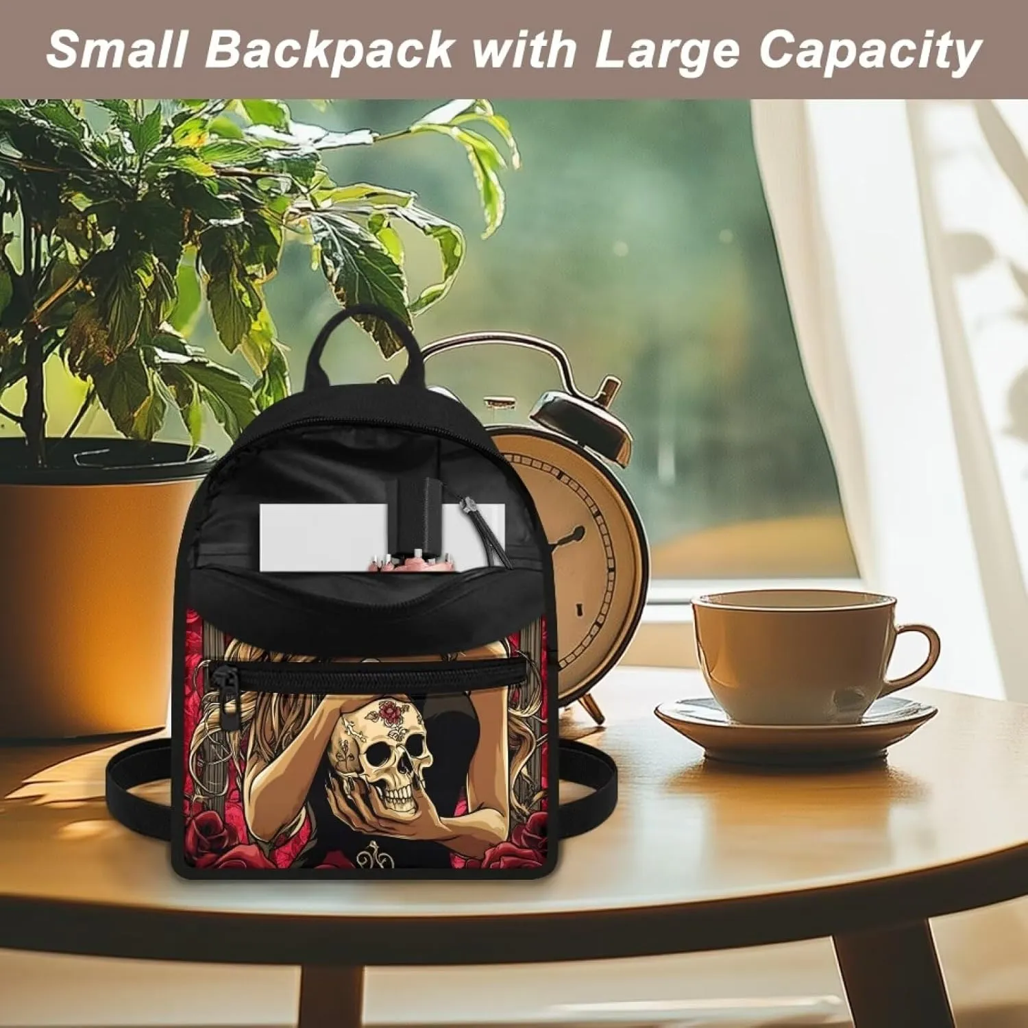 Goth Backpack Purse for Women Teen Girls Small Canvas Backpack for Travel College Work Bags Lightweight Casual Daypack Anti Theft Mini Purses with Zippers Skull Rucksack