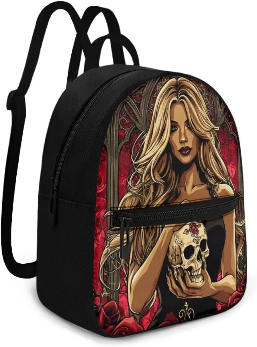 Goth Backpack Purse for Women Teen Girls Small Canvas Backpack for Travel College Work Bags Lightweight Casual Daypack Anti Theft Mini Purses with Zippers Skull Rucksack