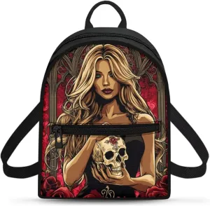 Goth Backpack Purse for Women Teen Girls Small Canvas Backpack for Travel College Work Bags Lightweight Casual Daypack Anti Theft Mini Purses with Zippers Skull Rucksack