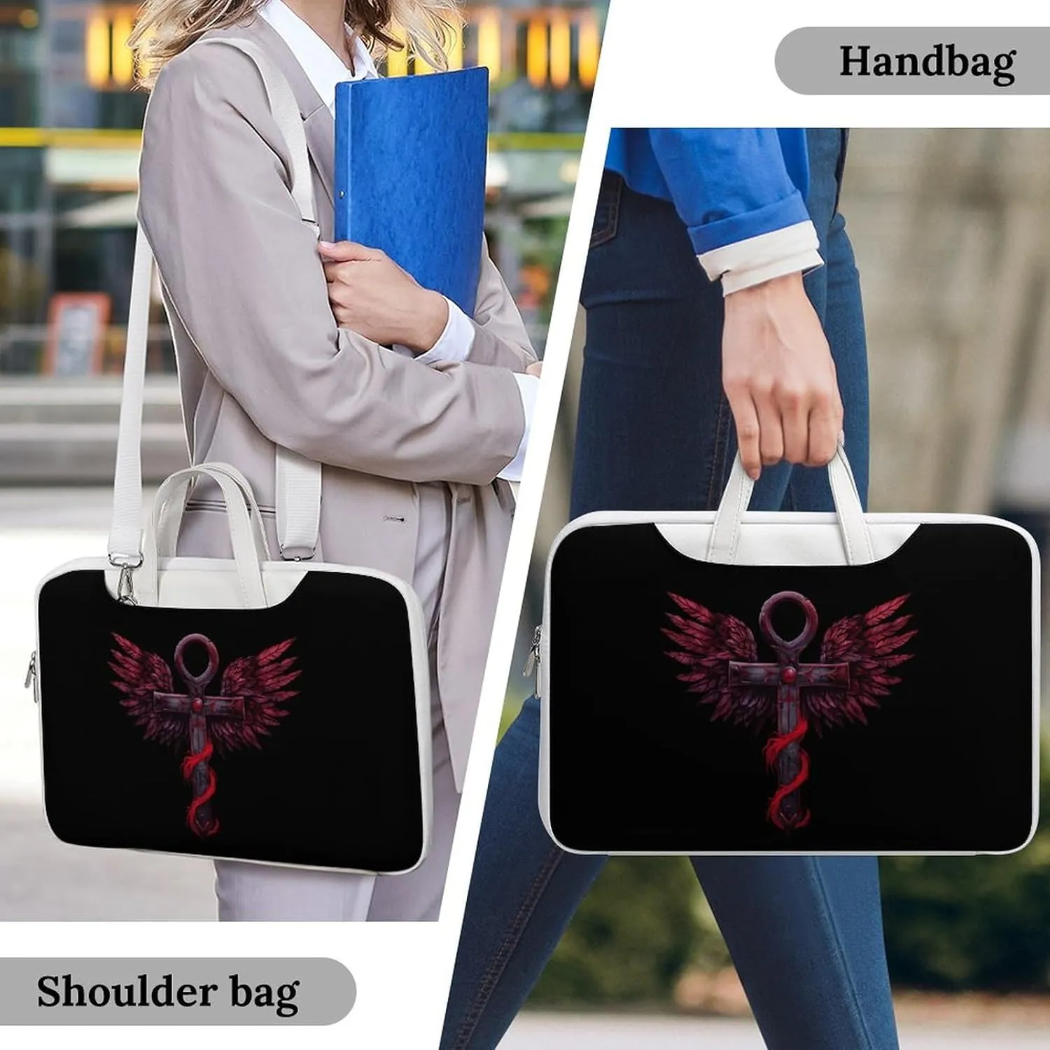 Gothic Silver Ankh Vampire with Red Wings Laptop Tote Bag Waterproof Computer Carrying Case Business Office Briefcase