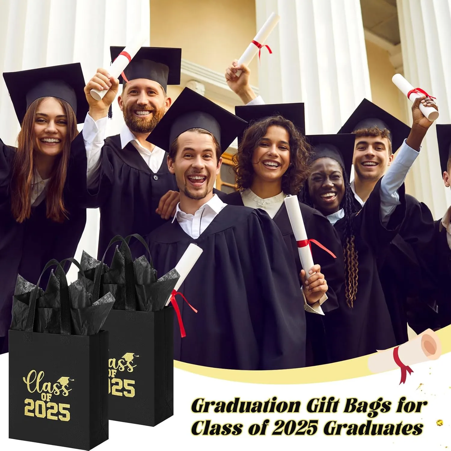 Hahafelt 24 Sets Graduation Gift Bags Bulk Reusable Non Woven Class of 2025 Tote Bag with Handle Tissue Paper Graduation Party Favors for College High School Decoration(Black,9.84 x 7.87 x 3.94 Inch)