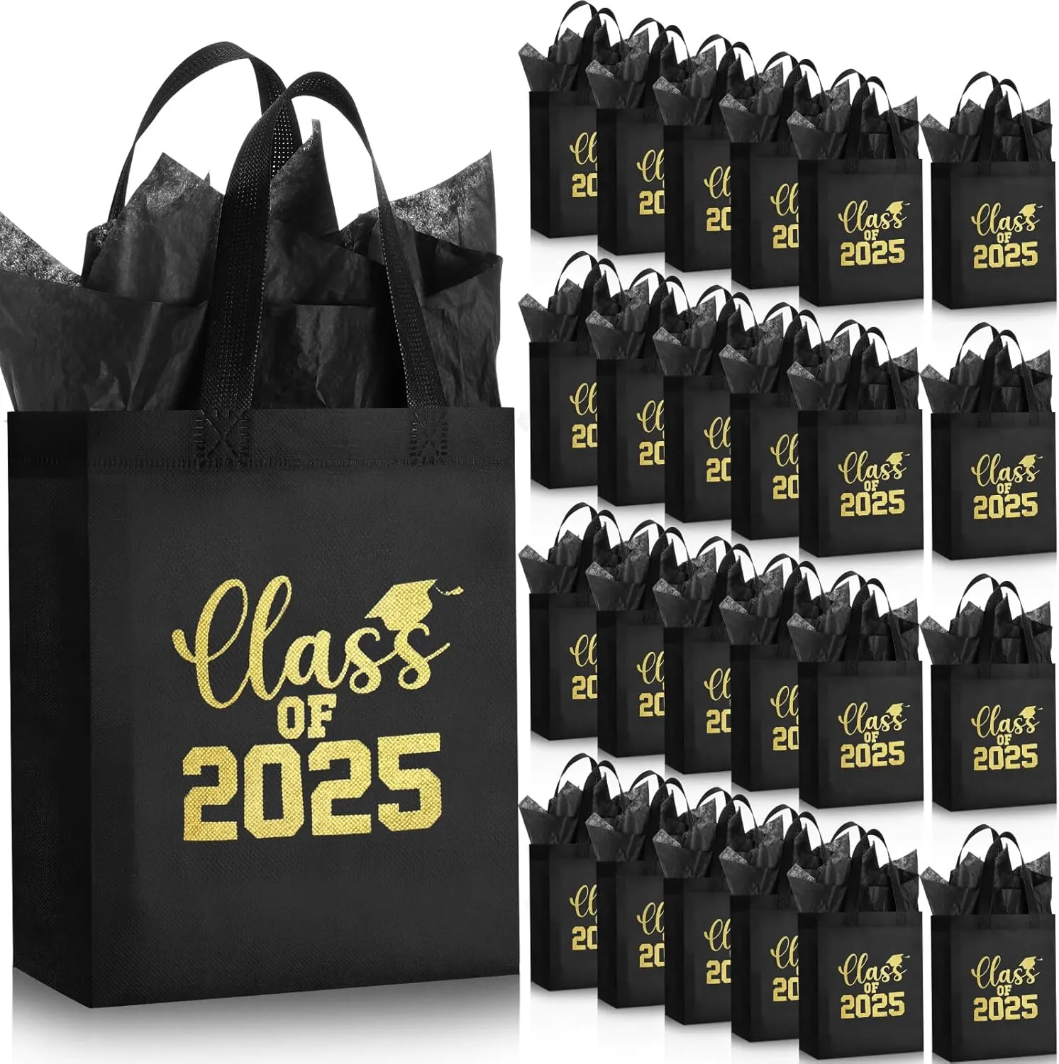 Hahafelt 24 Sets Graduation Gift Bags Bulk Reusable Non Woven Class of 2025 Tote Bag with Handle Tissue Paper Graduation Party Favors for College High School Decoration(Black,9.84 x 7.87 x 3.94 Inch)