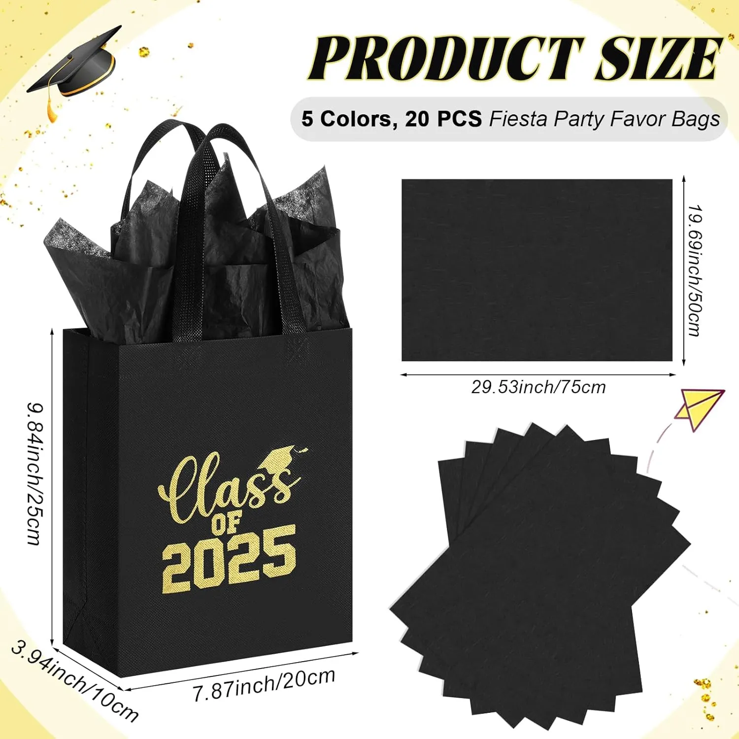 Hahafelt 24 Sets Graduation Gift Bags Bulk Reusable Non Woven Class of 2025 Tote Bag with Handle Tissue Paper Graduation Party Favors for College High School Decoration(Black,9.84 x 7.87 x 3.94 Inch)