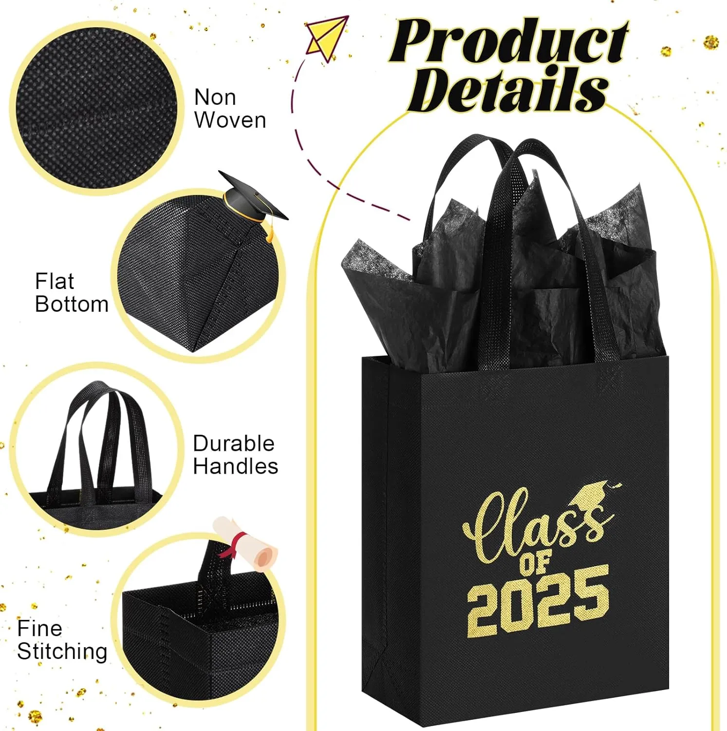 Hahafelt 24 Sets Graduation Gift Bags Bulk Reusable Non Woven Class of 2025 Tote Bag with Handle Tissue Paper Graduation Party Favors for College High School Decoration(Black,9.84 x 7.87 x 3.94 Inch)