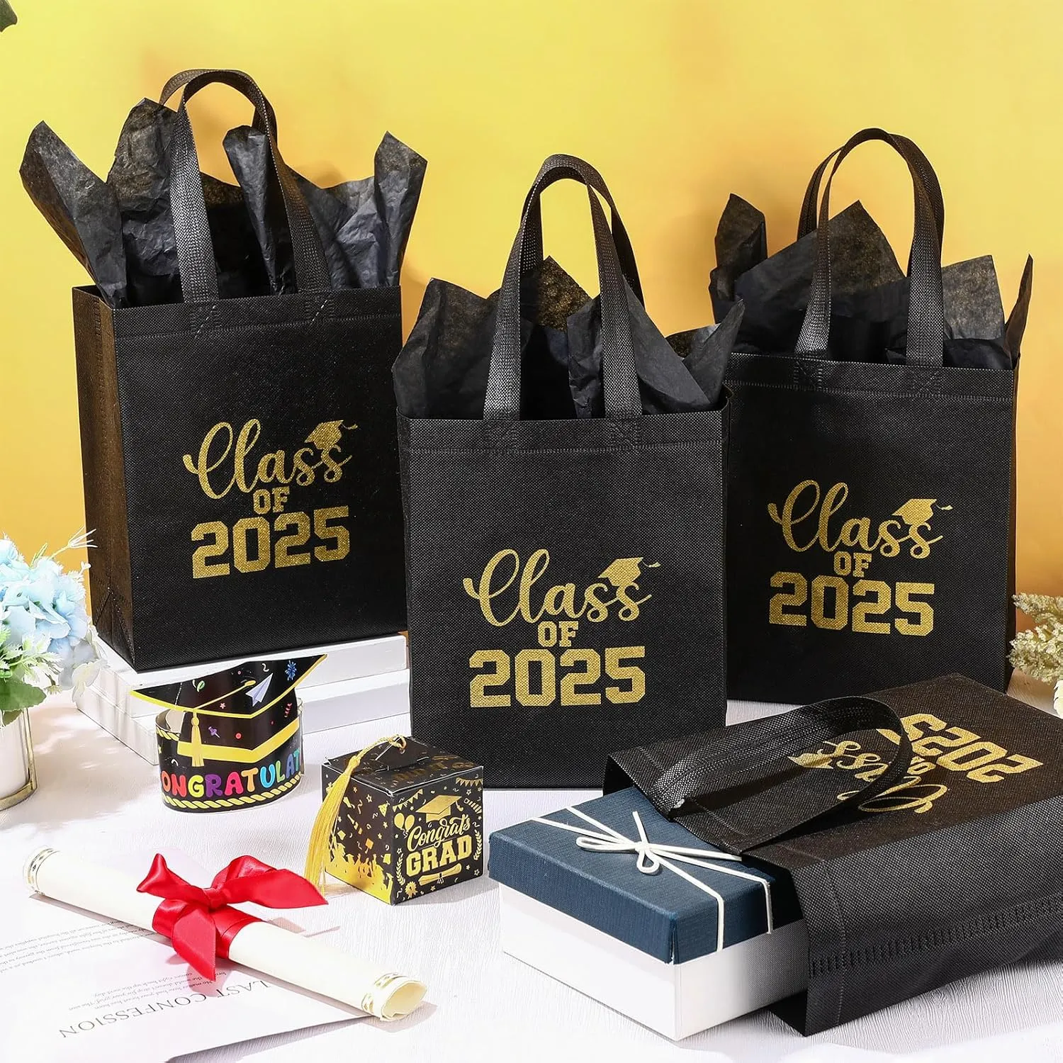 Hahafelt 24 Sets Graduation Gift Bags Bulk Reusable Non Woven Class of 2025 Tote Bag with Handle Tissue Paper Graduation Party Favors for College High School Decoration(Black,9.84 x 7.87 x 3.94 Inch)