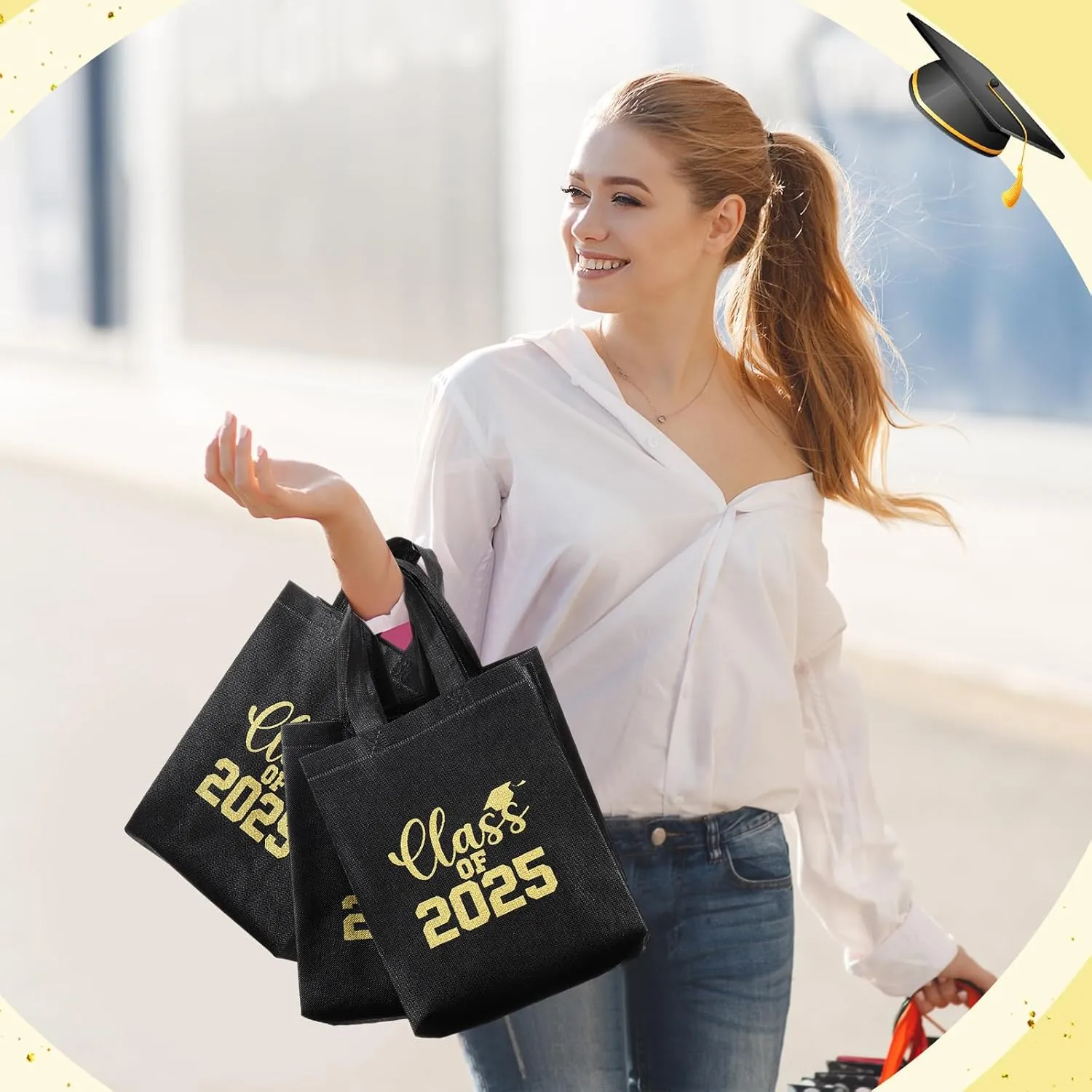 Hahafelt 24 Sets Graduation Gift Bags Bulk Reusable Non Woven Class of 2025 Tote Bag with Handle Tissue Paper Graduation Party Favors for College High School Decoration(Black,9.84 x 7.87 x 3.94 Inch)