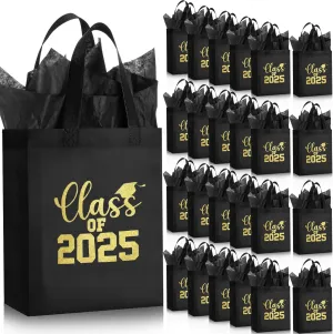 Hahafelt 24 Sets Graduation Gift Bags Bulk Reusable Non Woven Class of 2025 Tote Bag with Handle Tissue Paper Graduation Party Favors for College High School Decoration(Black,9.84 x 7.87 x 3.94 Inch)