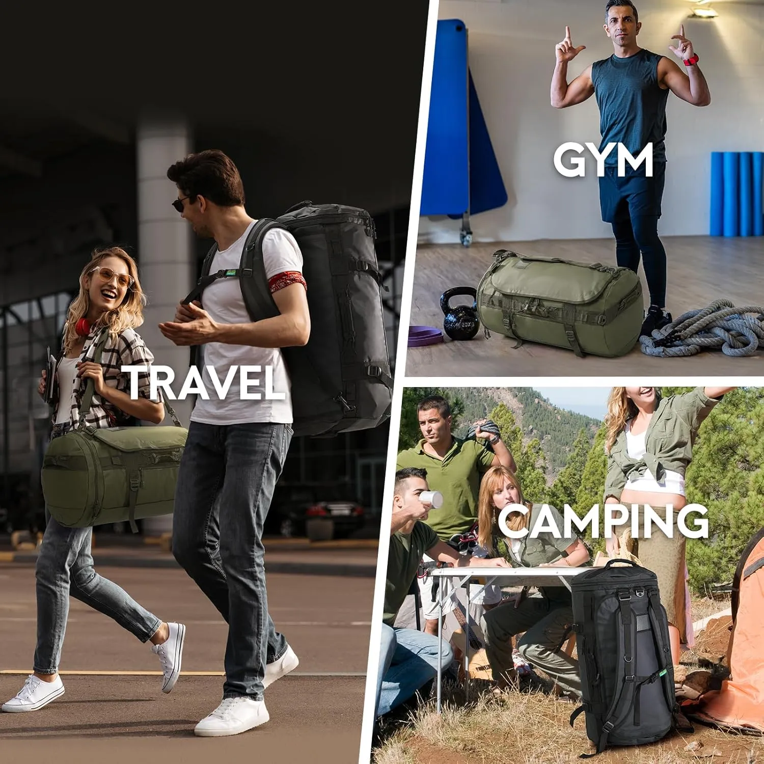 Haimont Large Duffle Backpack Bag for Men Travel, Heavy Duty Duffel Bags with Shoes Compartment for Long Trip, Camping, Water-resistant, 90L, Army Green