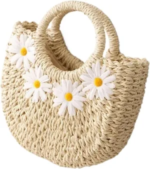 Hand-Woven Straw Beach Bags Women Handmade Moon Basket Shoulder Bag Bolsa Summer Bohemian Travel Crossbody Bags Handbags(Beige 4daisy)