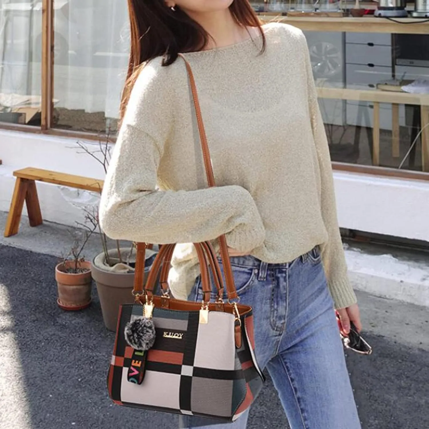Handbags for Womens PU Leather Zipper Tote Bag Purse Roomy Color Block Fashion Top Handle Satchel Messenger Shoulder Bags