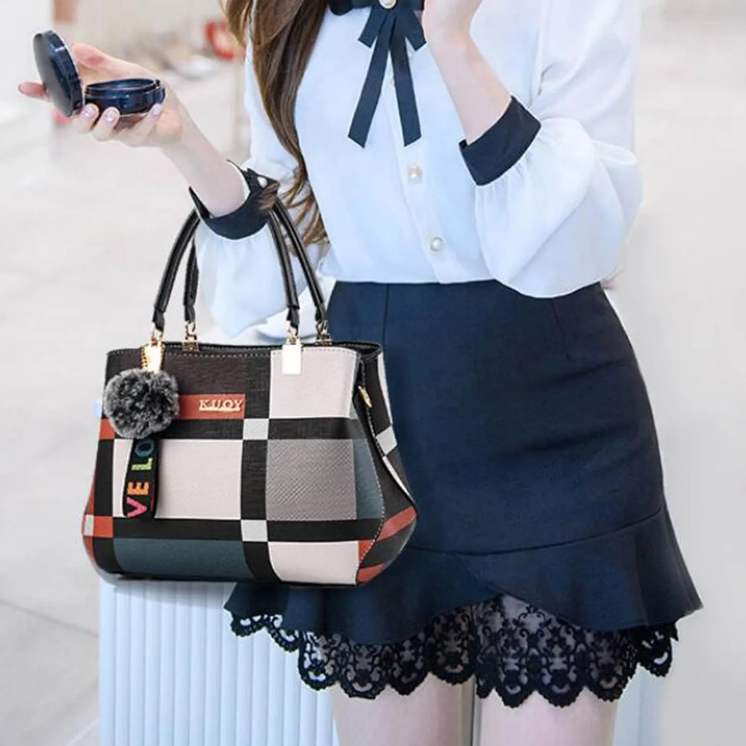 Handbags for Womens PU Leather Zipper Tote Bag Purse Roomy Color Block Fashion Top Handle Satchel Messenger Shoulder Bags