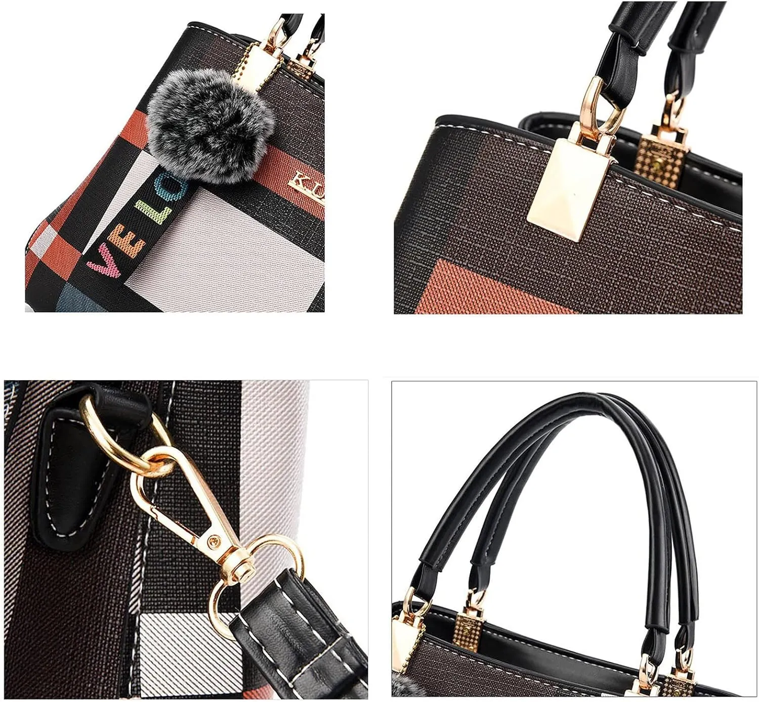 Handbags for Womens PU Leather Zipper Tote Bag Purse Roomy Color Block Fashion Top Handle Satchel Messenger Shoulder Bags