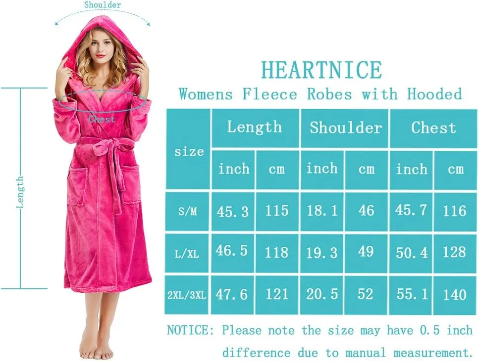 HEARTNICE Womens Hooded Fleece Robe, Soft Bathrobe for Womens, Cute Long House Coat
