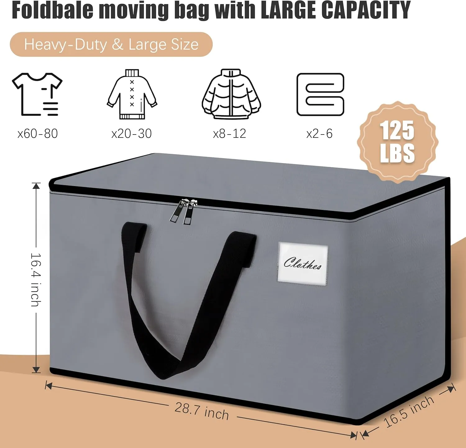 Heavy Duty Moving Bags - Extra Large Packing Bags and Storage Totes, Collapsible and Foldable Option for Moving and Storage, Grey, 125 L - 12 Pack