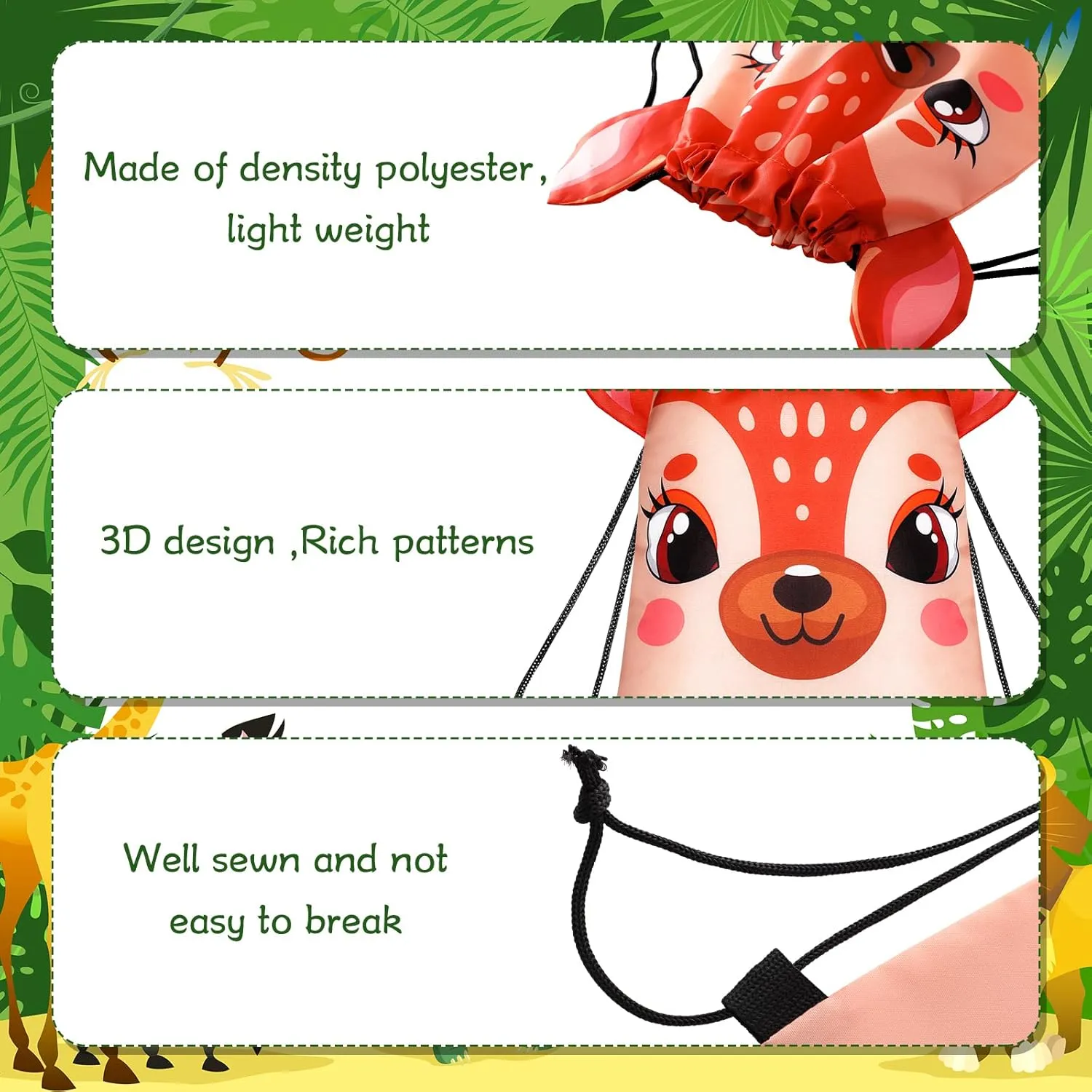 Hillban 16 Pcs Animal Drawstring Bags for Kids Party Favors Drawstring Backpack with Ear for Safari Birthday(Forest Style)