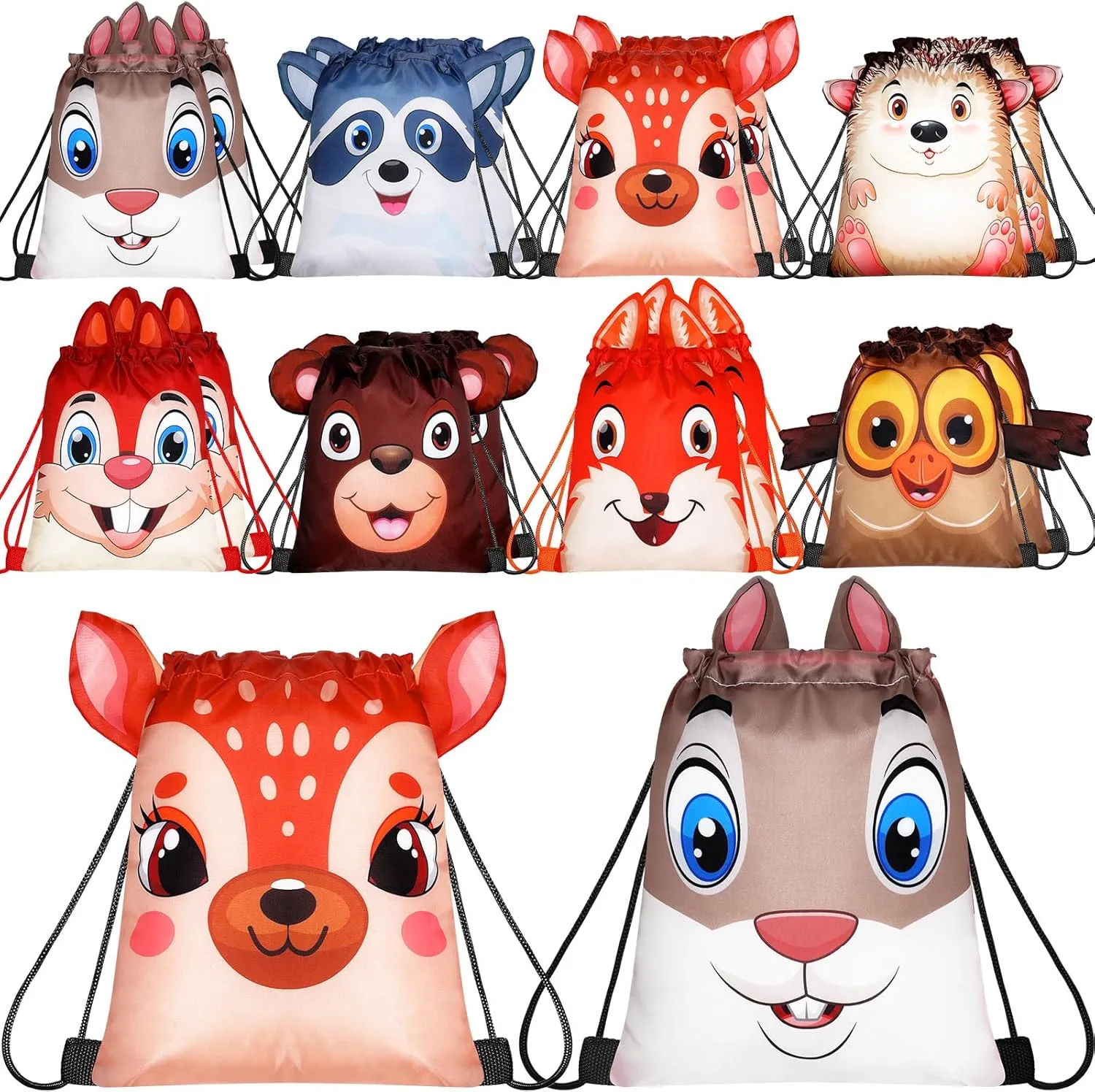 Hillban 16 Pcs Animal Drawstring Bags for Kids Party Favors Drawstring Backpack with Ear for Safari Birthday(Forest Style)