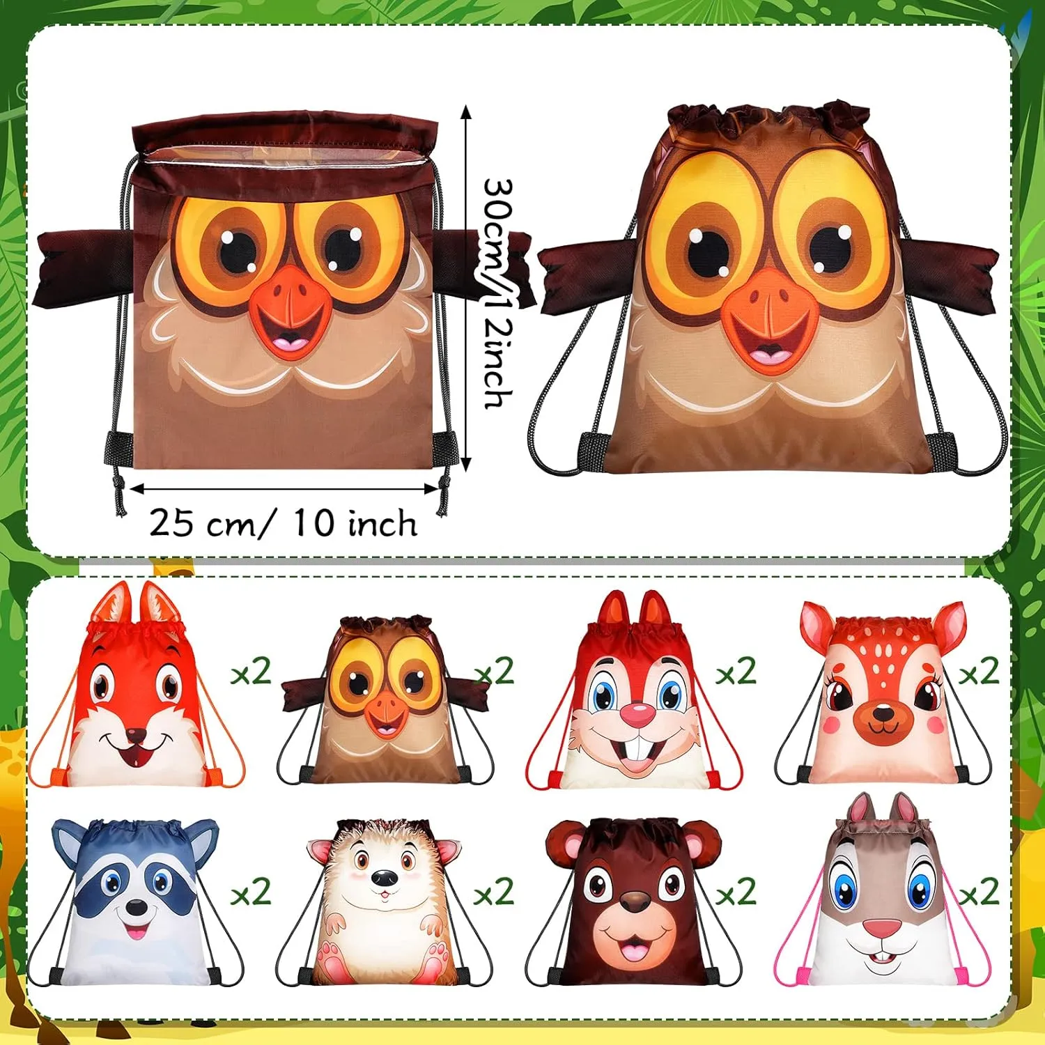 Hillban 16 Pcs Animal Drawstring Bags for Kids Party Favors Drawstring Backpack with Ear for Safari Birthday(Forest Style)