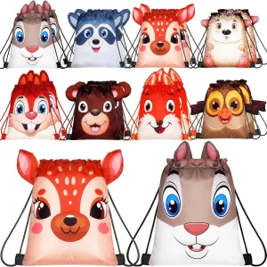 Hillban 16 Pcs Animal Drawstring Bags for Kids Party Favors Drawstring Backpack with Ear for Safari Birthday(Forest Style)