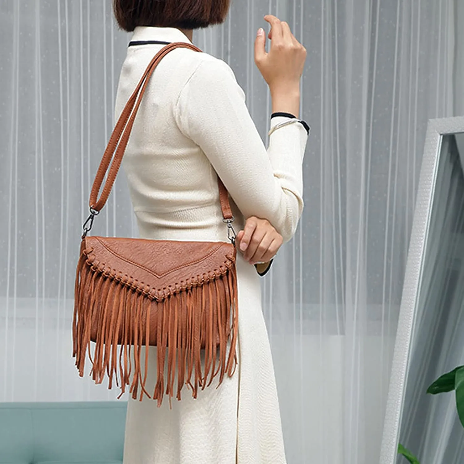 Hoce Women’s Leather Fringe Messenger Bag Large Hobo Crossbody Tassel Shoulder Bags, Gift for Mom Wife Girlfriend