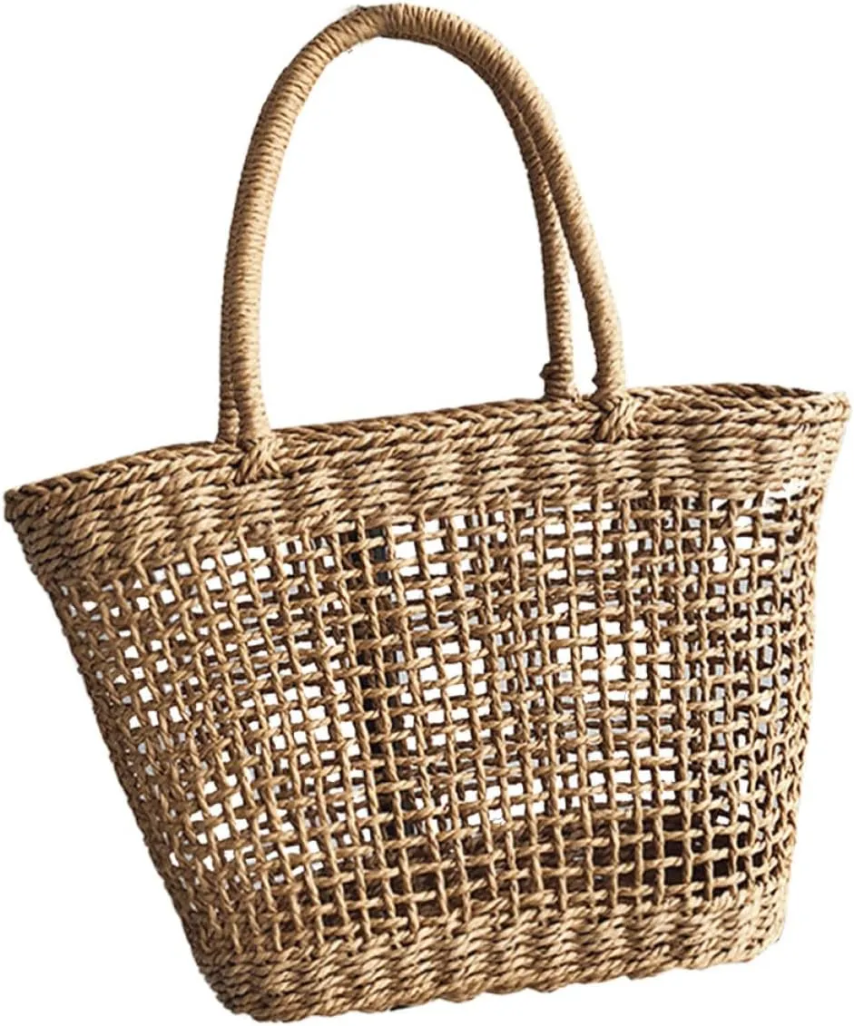 Hollow out Woven Handbag for Summer Beach Vacation Stylish Khaki Tote Bag Lightweight and Durable Design for Shopping Everyday Use for Women