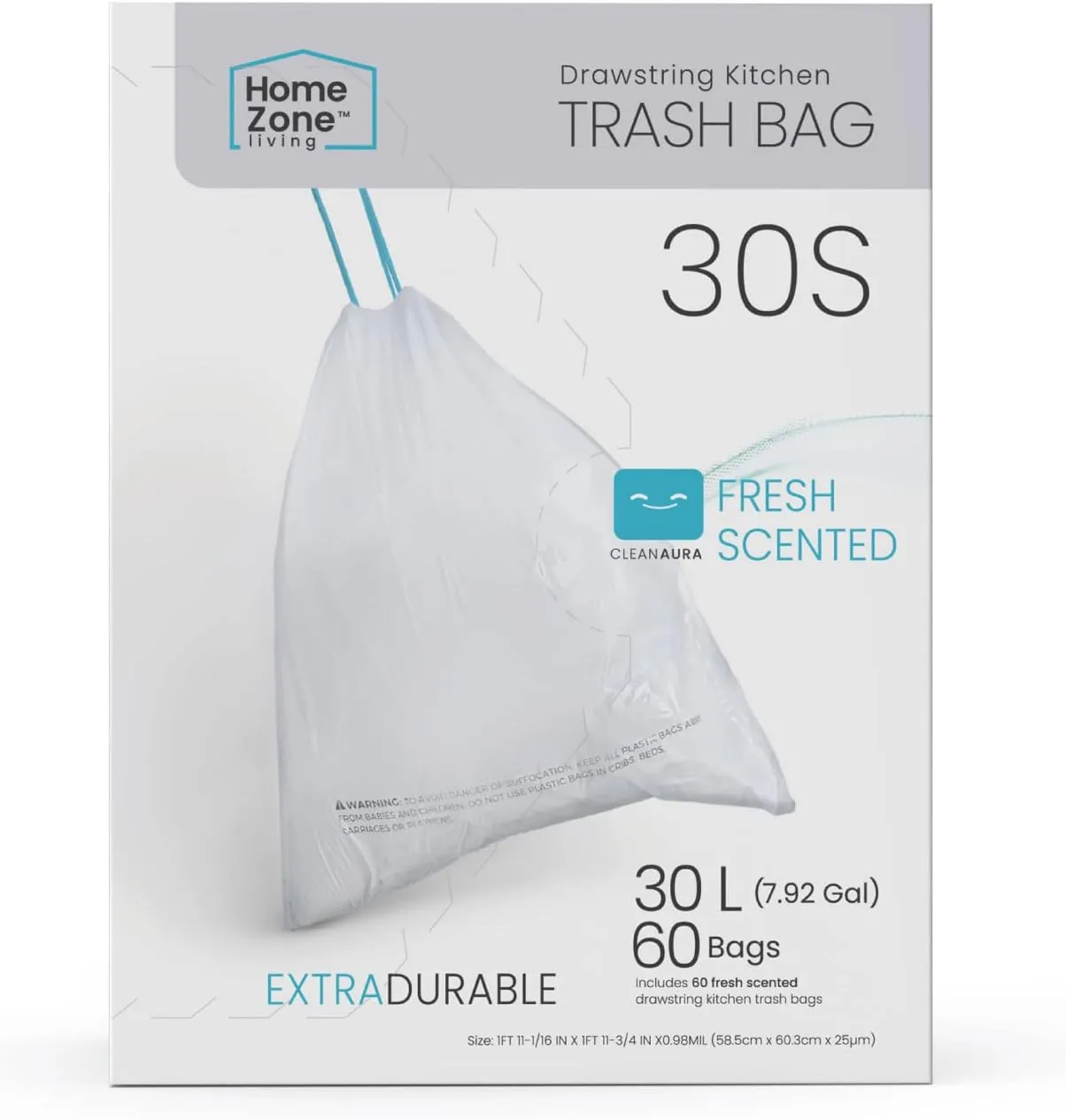 Home Zone Living 8 Gallon Kitchen Trash Bags with Drawstring Handles, Heavy Duty Custom Fit Design for Standard 30 Liter Kitchen Trash Cans, Code 30S, 60 Count