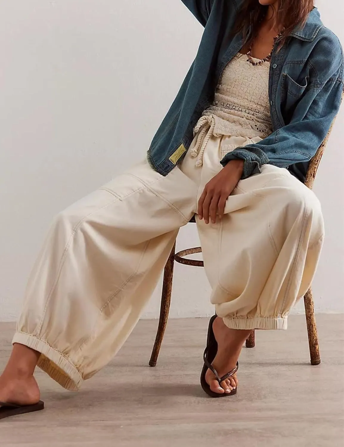 Hooever Women's Wide Leg Jeans Baggy Boyfriend Elastic Hem Denim Pants with Drawstring Waist