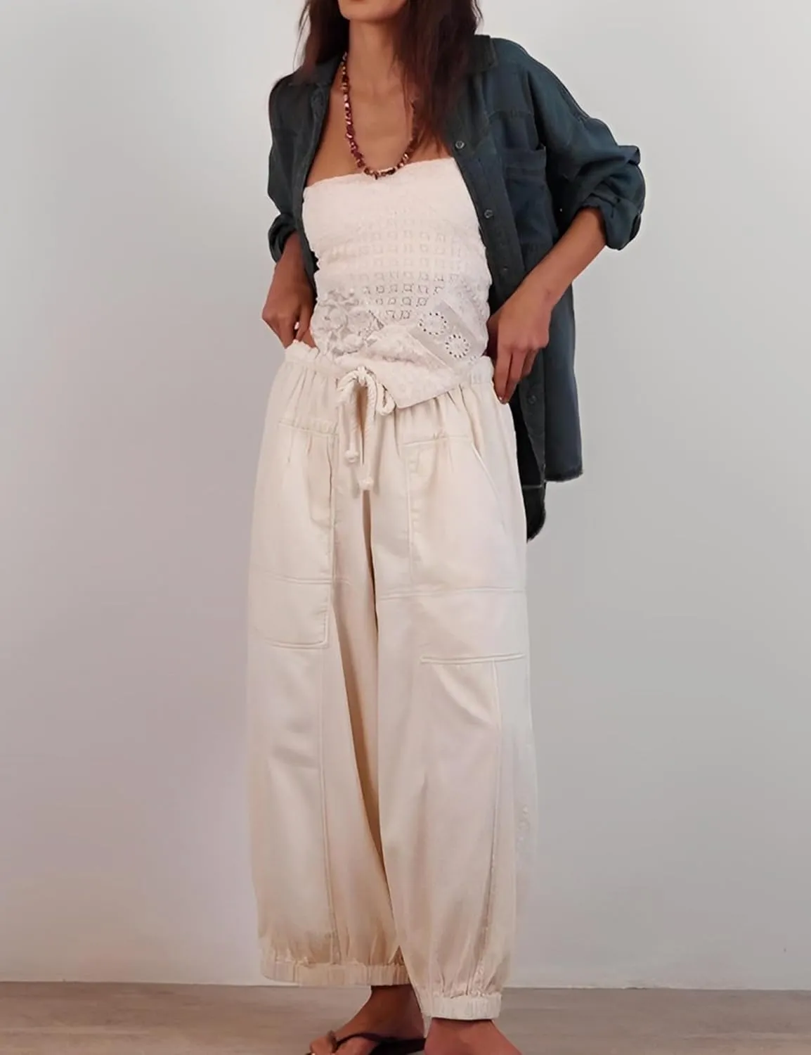 Hooever Women's Wide Leg Jeans Baggy Boyfriend Elastic Hem Denim Pants with Drawstring Waist