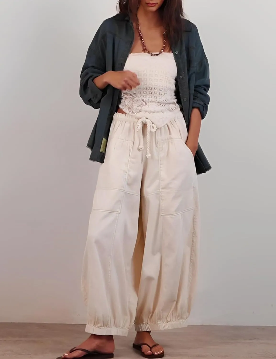 Hooever Women's Wide Leg Jeans Baggy Boyfriend Elastic Hem Denim Pants with Drawstring Waist