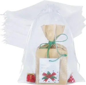 HRX Package 100pcs Large Organza Bags White, 8 x 12 inch Mesh Gift Drawstring Pouches Goodie Bags for Christmas Shower Party Favors Samples