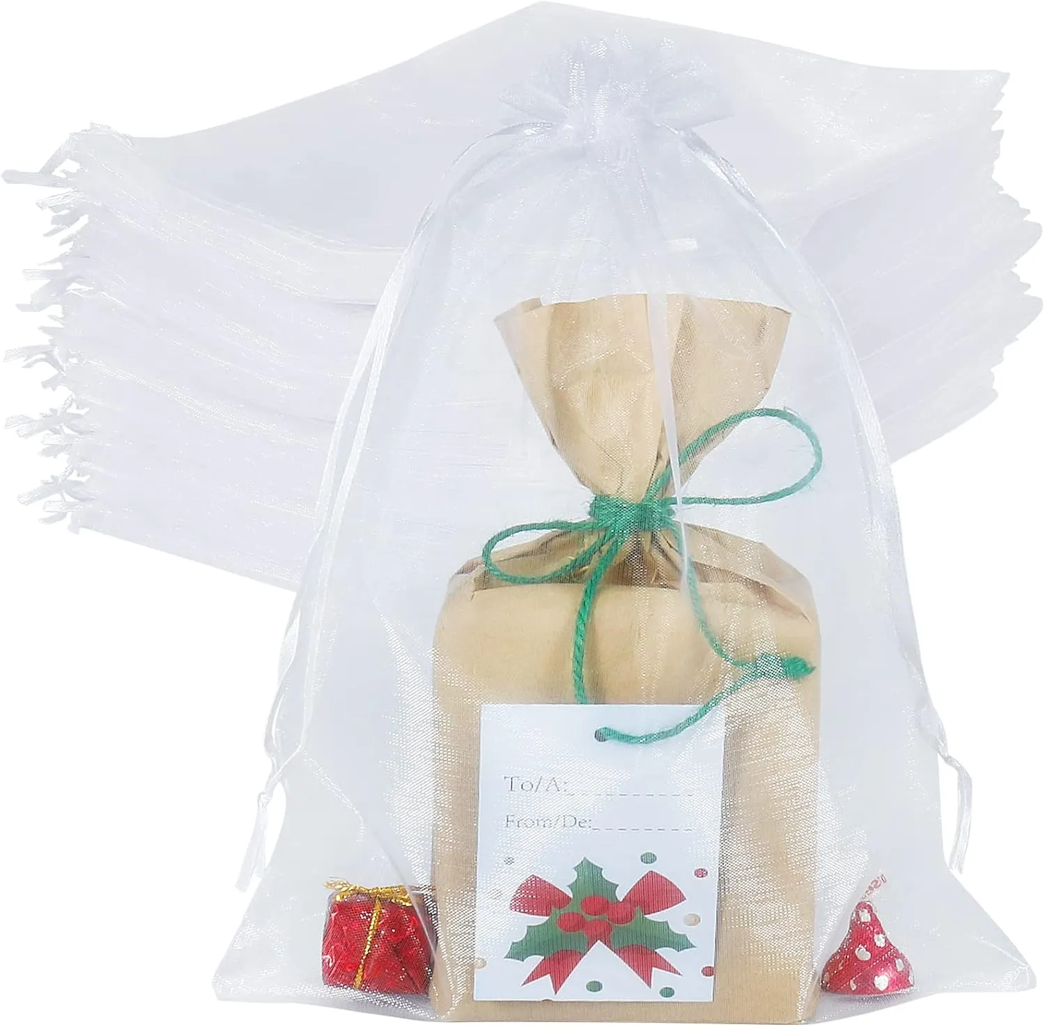 HRX Package 100pcs Large Organza Bags White, 8 x 12 inch Mesh Gift Drawstring Pouches Goodie Bags for Christmas Shower Party Favors Samples