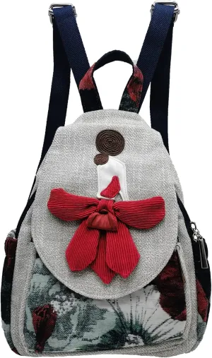 HUANGGUOSHU Women Cotton Woven Hippie Hemp Boho Canvas Embroidery Multi Pocket Retro Cute Backpack Wallet Backpack（Girl in red dress）