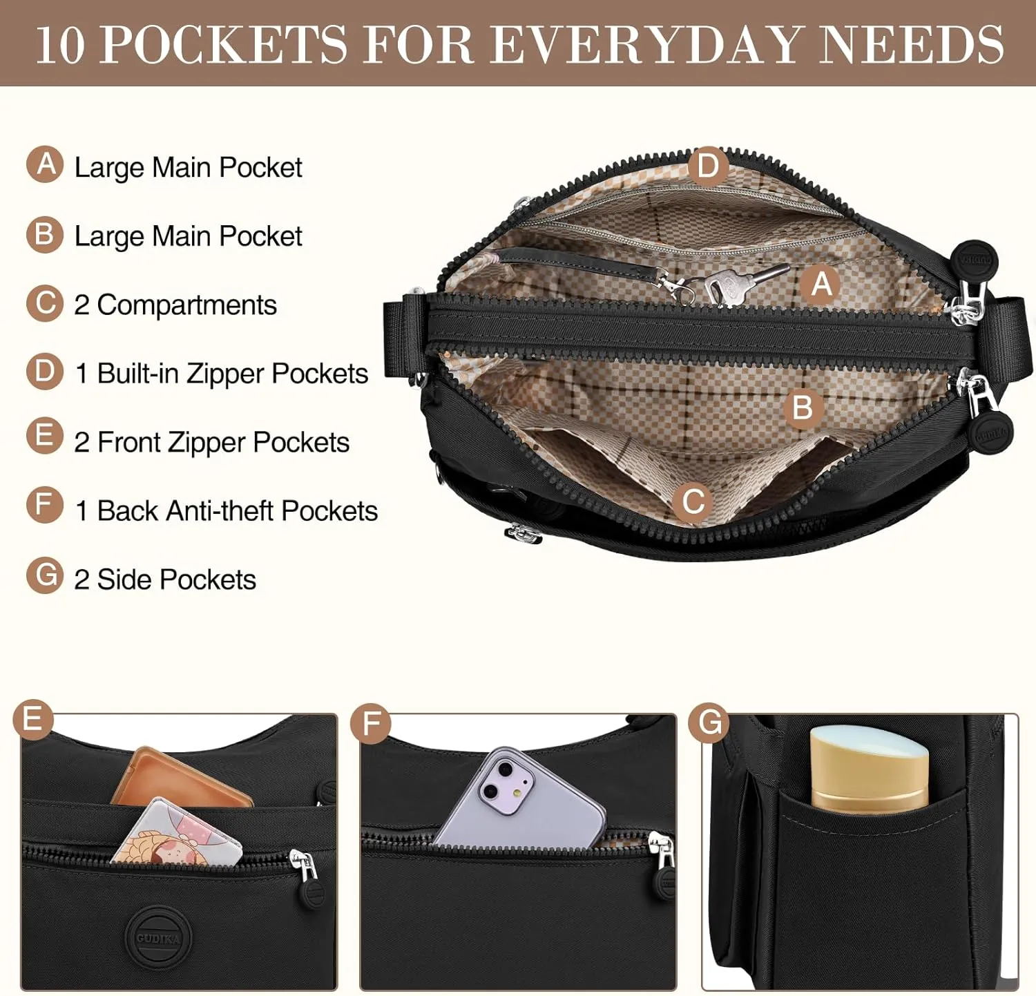 HUANLANG Nylon Crossbody Bags for Women Large Lightweight Travel Purse Women's Pocketbooks Multi Pocket Shoulder Bag