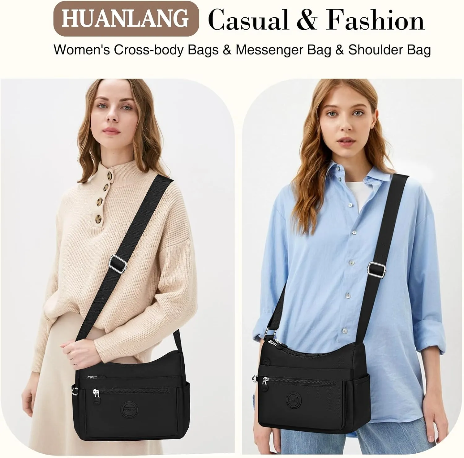 HUANLANG Nylon Crossbody Bags for Women Large Lightweight Travel Purse Women's Pocketbooks Multi Pocket Shoulder Bag