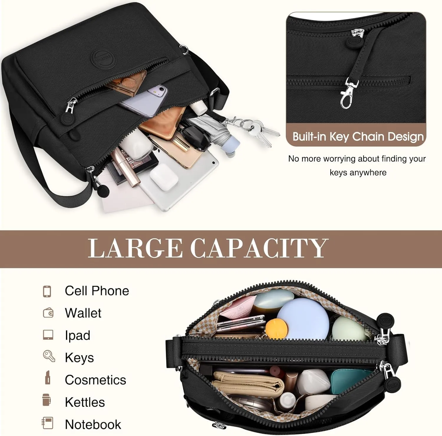 HUANLANG Nylon Crossbody Bags for Women Large Lightweight Travel Purse Women's Pocketbooks Multi Pocket Shoulder Bag