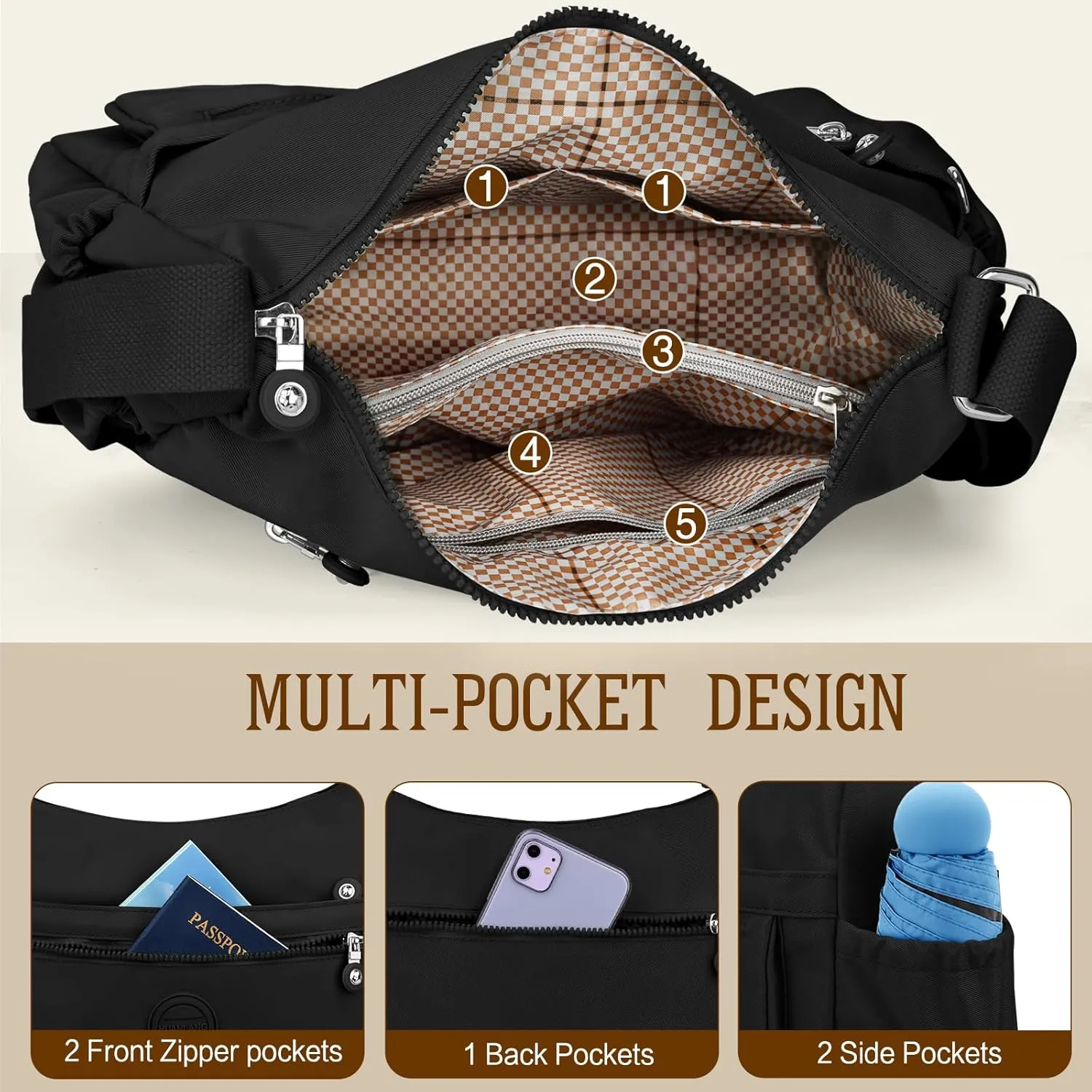 HUANLANG Nylon Crossbody Bags for Women Large Lightweight Travel Purse Women's Pocketbooks Multi Pocket Shoulder Bag