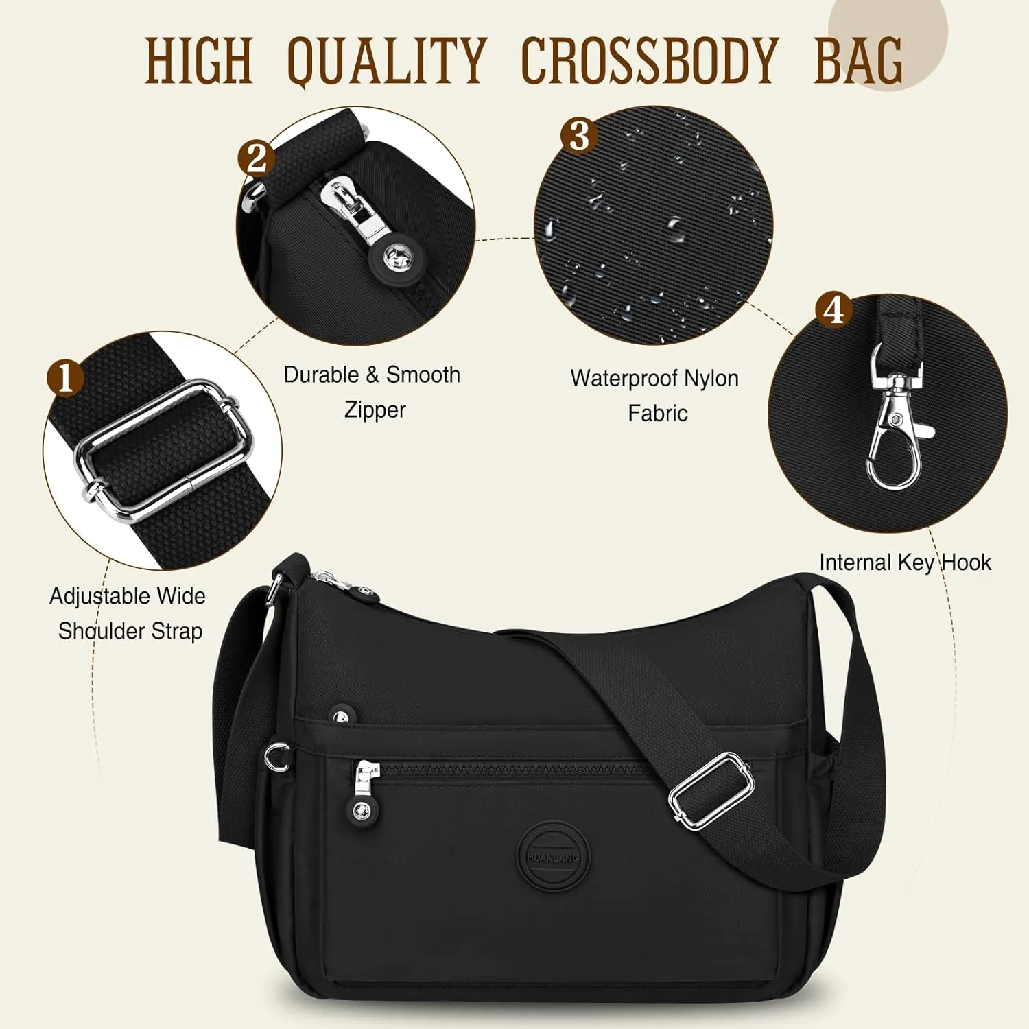 HUANLANG Nylon Crossbody Bags for Women Large Lightweight Travel Purse Women's Pocketbooks Multi Pocket Shoulder Bag