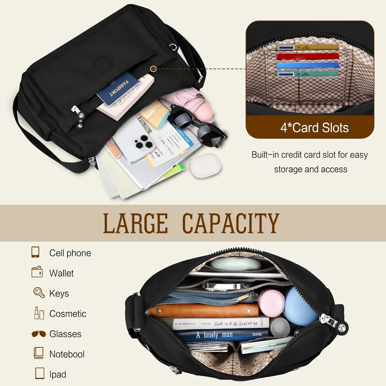 HUANLANG Nylon Crossbody Bags for Women Large Lightweight Travel Purse Women's Pocketbooks Multi Pocket Shoulder Bag