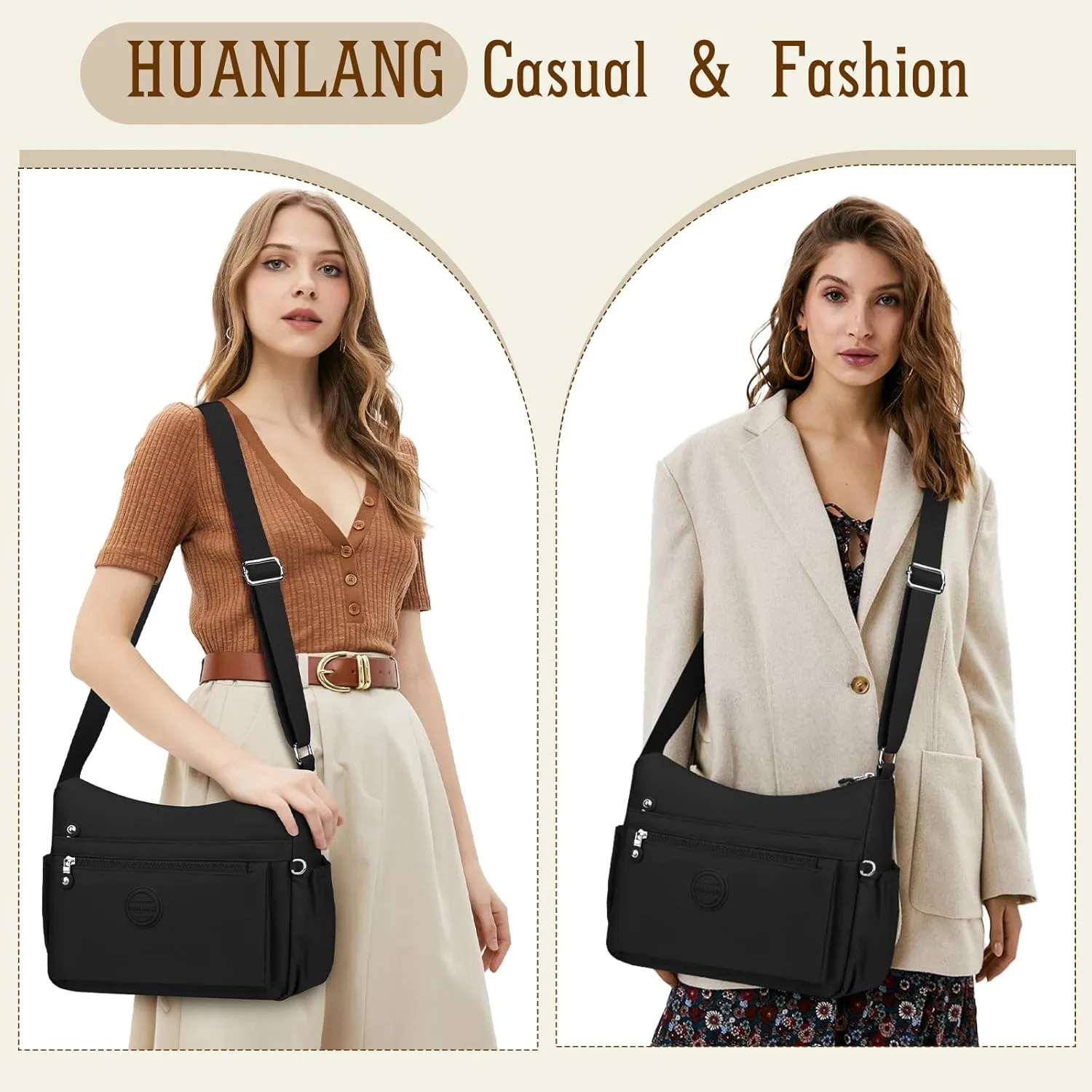 HUANLANG Nylon Crossbody Bags for Women Large Lightweight Travel Purse Women's Pocketbooks Multi Pocket Shoulder Bag