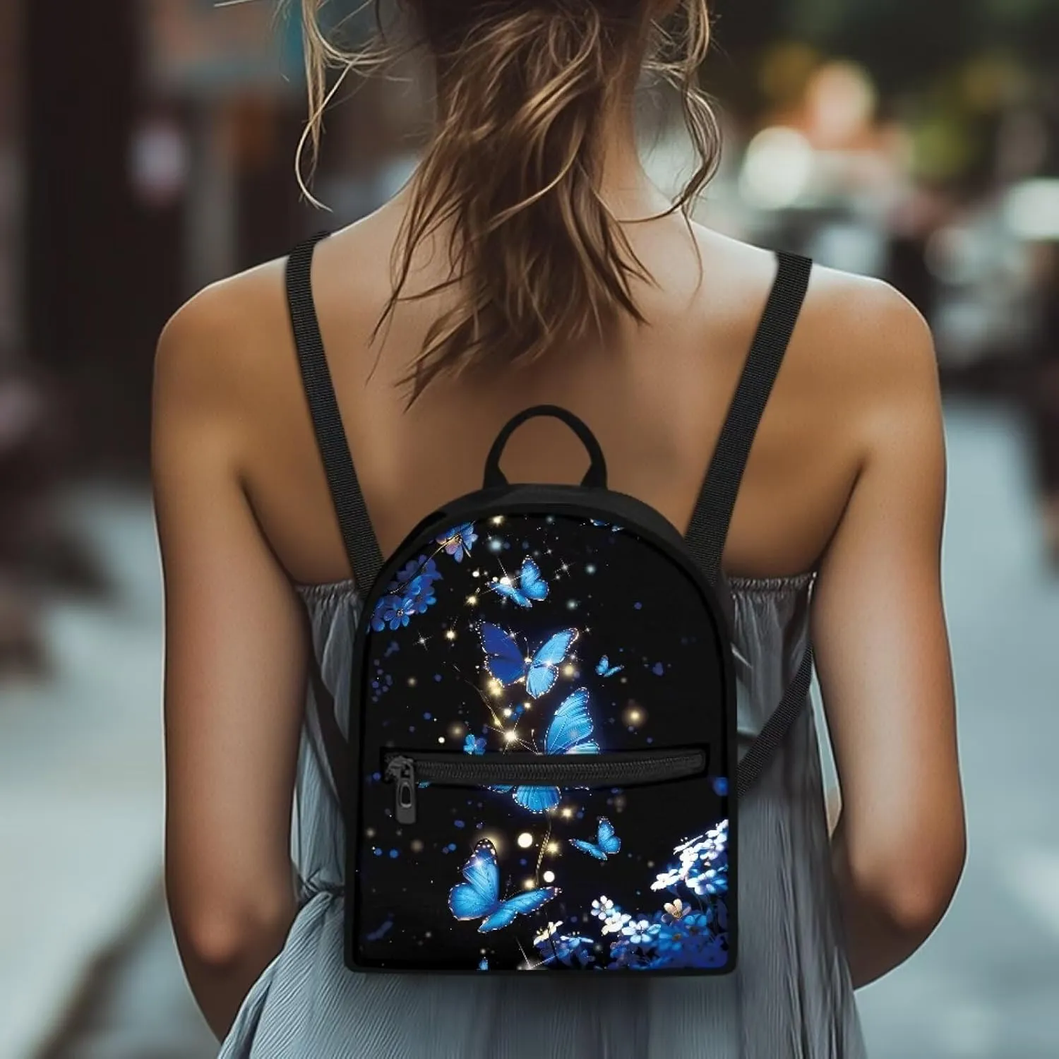 HUGS IDEA Blue Butterfly Backpack for Women Cell Phone Backpack Small Travel Backpack Womens Shoulder Bag Mini Daypack for Travel Party Casual Makeup Backpack for Girls