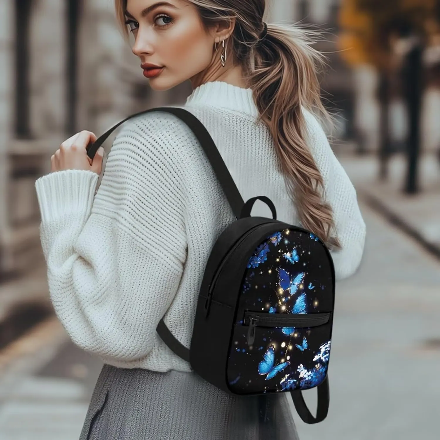 HUGS IDEA Blue Butterfly Backpack for Women Cell Phone Backpack Small Travel Backpack Womens Shoulder Bag Mini Daypack for Travel Party Casual Makeup Backpack for Girls