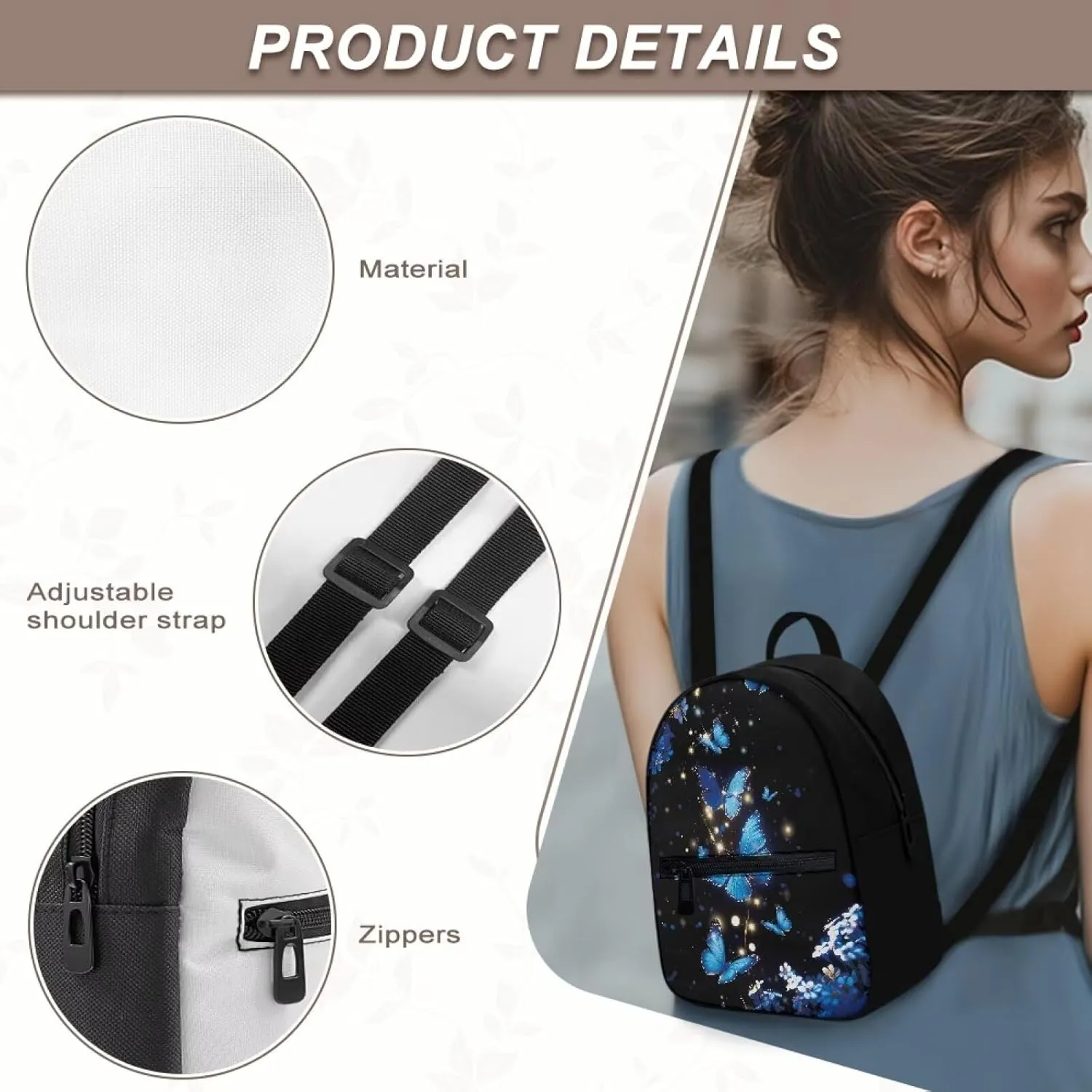 HUGS IDEA Blue Butterfly Backpack for Women Cell Phone Backpack Small Travel Backpack Womens Shoulder Bag Mini Daypack for Travel Party Casual Makeup Backpack for Girls