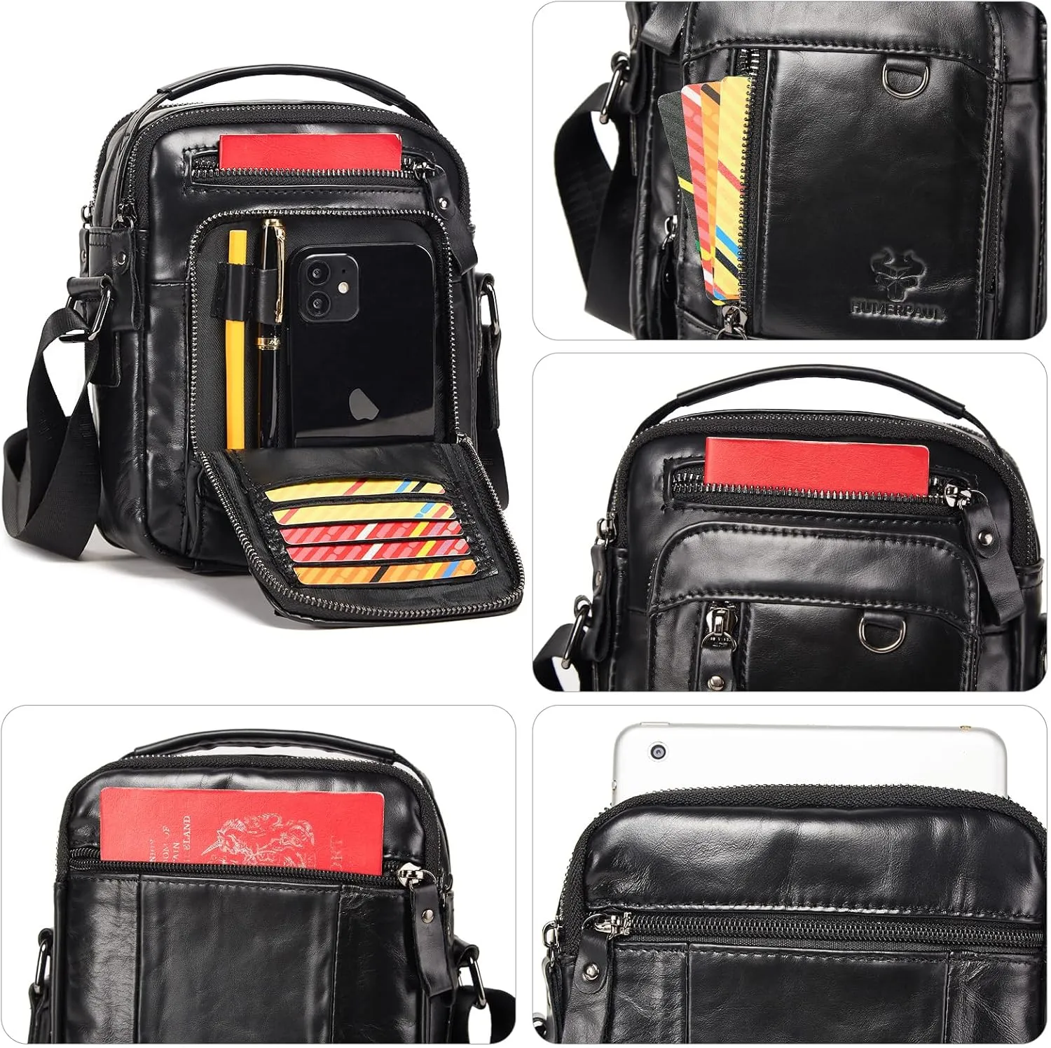 HUMERPAUL Messenger Bag for Men, Man Bag Genuine Leather Crossbody Shoulder Bag Handbag Satchel Bags for Work Travel
