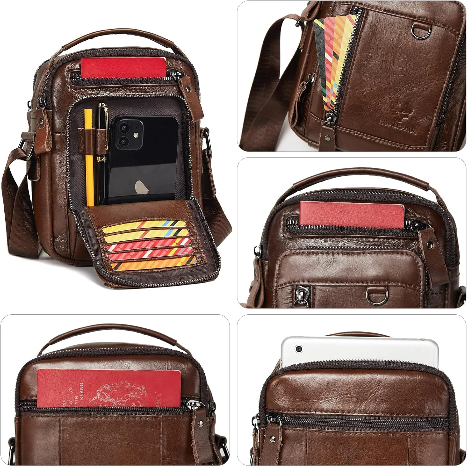 HUMERPAUL Messenger Bag for Men, Man Bag Genuine Leather Crossbody Shoulder Bag Handbag Satchel Bags for Work Travel